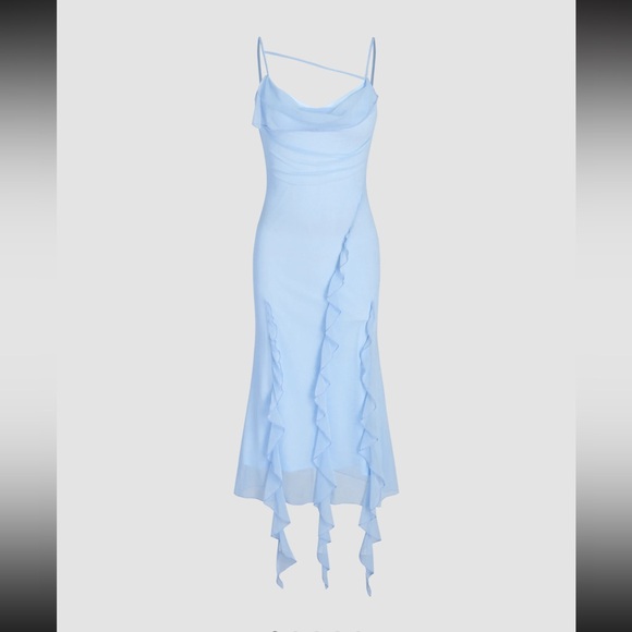 Cider Dresses & Skirts - Cider MESH RUFFLE HEM RUCHED MIDI DRESS in Blue Size L (US 8) 💙💎🦋